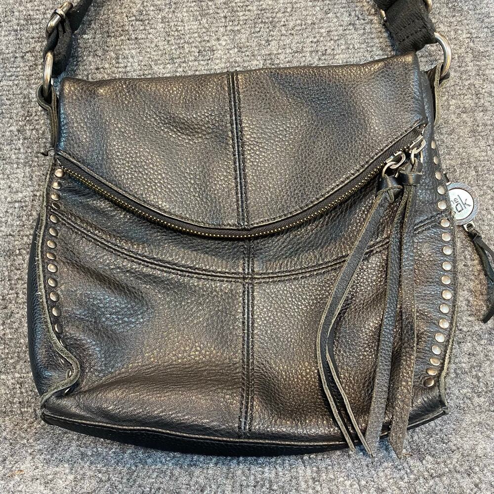 The Sak Silverlake Black Pebbled Leather Studded Crossbody Bag Purse Tassel - Picture 2 of 10